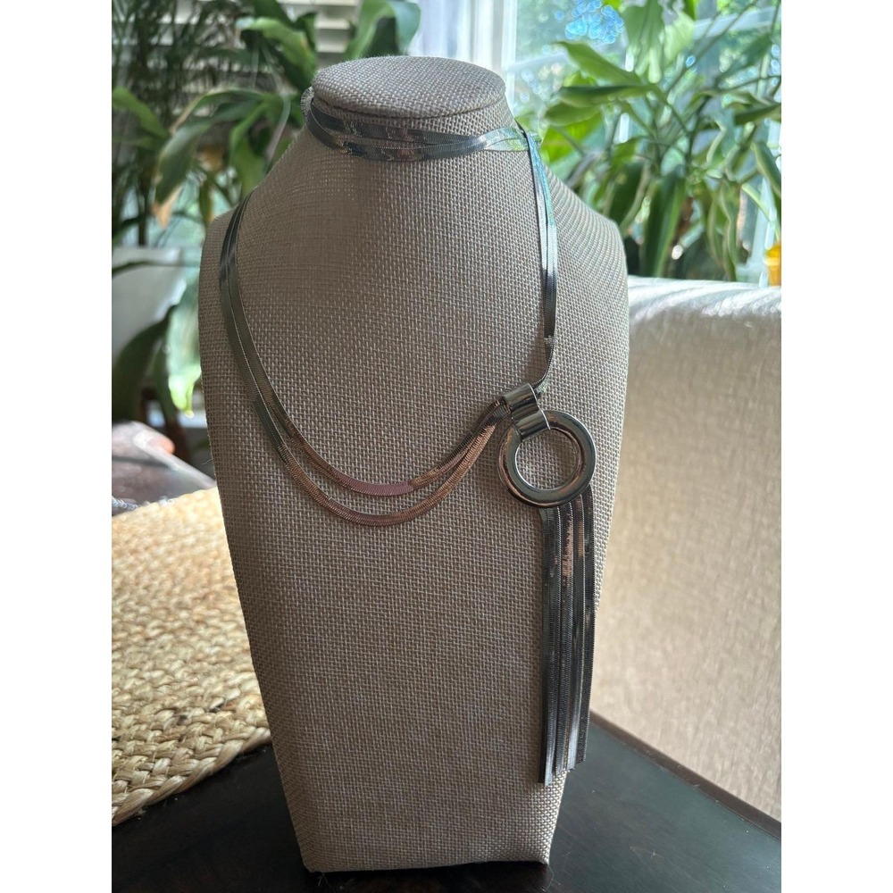 Vintage 70s Herringbone Fringe Necklace Silver Tone Multi Strand  Boho Statement